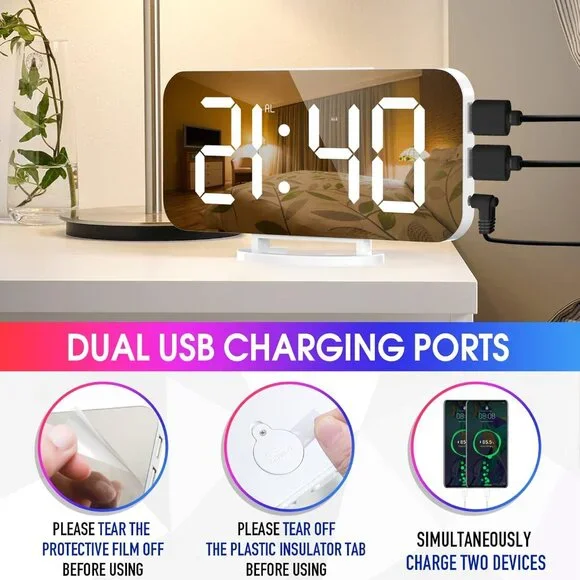 RGB Alarm Clock - Digital LED Clocks Mirror Surface with Dual USB Ports for Make